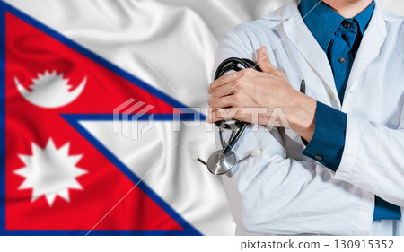Doctor with stethoscope on Nepal flag. Doctor holding stethoscope on Nepal flag Doctor with stethoscope on Nepal flag. Doctor holding stethoscope on Nepal flag 130915352
