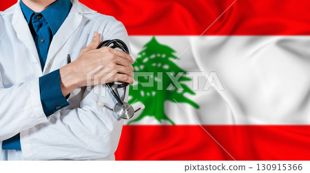 Doctor with stethoscope on Lebanon flag. Doctor holding stethoscope on Lebanon flag 130915366