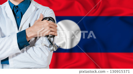 Doctor with stethoscope on Laos flag. Doctor holding stethoscope on Laos flag Doctor with stethoscope on Laos flag. Doctor holding stethoscope on Laos flag 130915371
