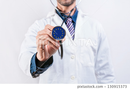European Union healthcare system, doctor holding stethoscope. European Union health and medical insurance concept 130915373