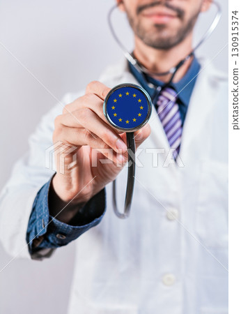 European Union health and medical insurance concept. European Union healthcare system, doctor holding stethoscope 130915374