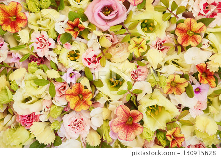 Delicate blooming festive eustomas and petunias, blossoming summer flowers background, bright bouquet floral card Delicate blooming festive eustomas and petunias, blossoming summer flowers background, bright bouquet floral card 130915628