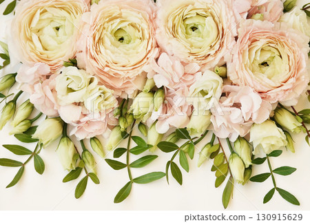Summer blossoming delicate ranunculus on blooming flowers festive background, pastel and soft bouquet floral card, selective focus 130915629