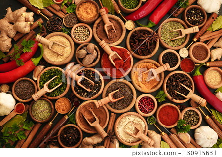 Colorful mix of herb and spice varieties: curry and coriander, turmeric and clove, paprika and pepper, cinnamon and garlic, cardamon and oregano Colorful mix of herb and spice varieties: curry and coriander, turmeric and clove, paprika and pepper, cinnamon and garlic, cardamon and oregano 130915631