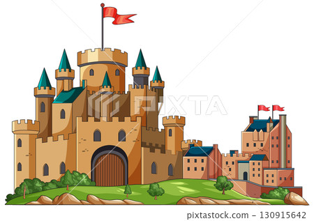 Medieval Stone Castle with Towers and Red Flags - Stock Illustration ...