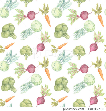 Carrot, broccoli, beetroot, and kohlrabi in loose watercolor style. Seamless pattern vegetable clipart ideal for packaging, food-themed stationery, and textile printing Carrot, broccoli, beetroot, and kohlrabi in loose watercolor style. Seamless pattern vegetable clipart ideal for packaging, food-themed stationery, and textile printing 130915710