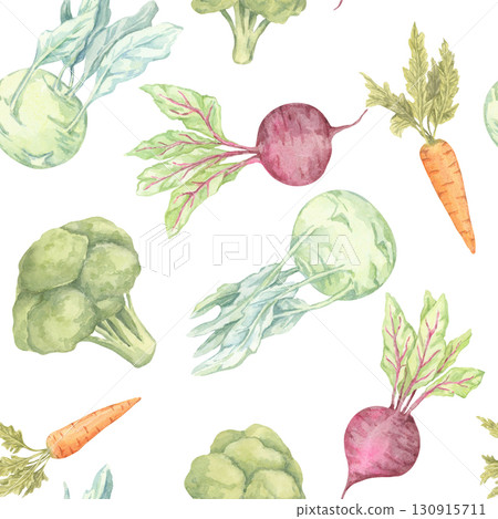 Watercolor illustration of beetroot, carrot, and kohlrabi in rich green and earthy tones. vegetable Seamless pattern suitable for kids nutrition prints, tea towels, and compostable bags Watercolor illustration of beetroot, carrot, and kohlrabi in rich green and earthy tones. vegetable Seamless pattern suitable for kids nutrition prints, tea towels, and compostable bags 130915711