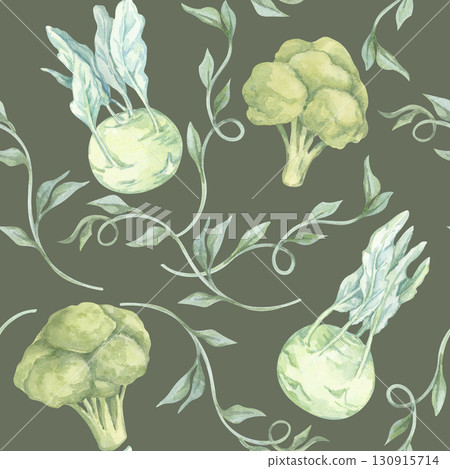 Dark green background with seamless pattern of watercolor kohlrabi and broccoli in leafy green hues. Clipart design ideal for eco grocery packaging, apron prints, or reusable kitchen textiles 130915714