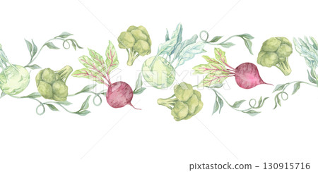 Beetroot, broccoli, and kohlrabi in watercolor illustration style, arranged in a seamless pattern border. Clipart Ideal for eco packaging trims, cookbook graphics, or menu dividers Beetroot, broccoli, and kohlrabi in watercolor illustration style, arranged in a seamless pattern border. Clipart Ideal for eco packaging trims, cookbook graphics, or menu dividers 130915716