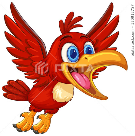 Cheerful Cartoon Red Bird Flying with Open Wings 130915757
