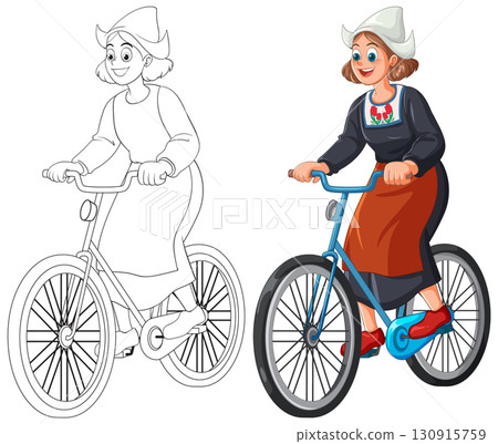 Dutch Woman in Traditional Dress Riding Bicycle Illustration 130915759