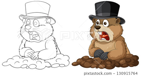 Groundhog Wearing Top Hat Emerging From Burrow 130915764