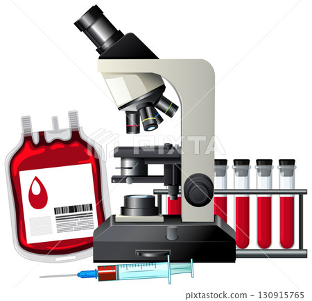 Microscope with Blood Bag, Syringe, and Test Tubes 130915765