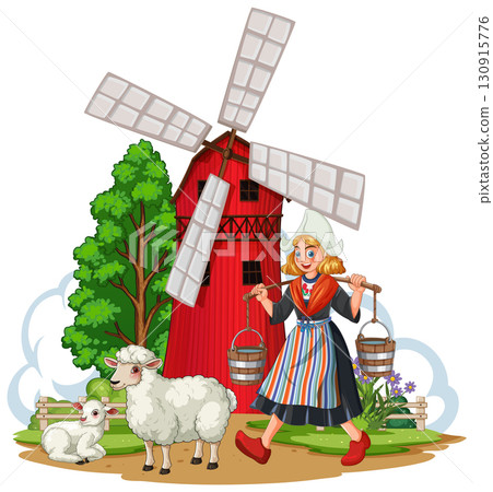 Dutch Girl Carrying Water Near Windmill and Sheep 130915776