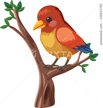Colorful Songbird Perched on Tree Branch Vector Illustration Colorful Songbird Perched on Tree Branch Vector Illustration 130915785
