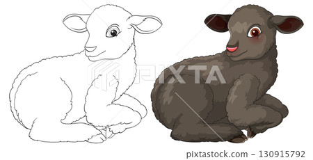 Cute Cartoon Black Lamb Sitting Side by Side with Outline Cute Cartoon Black Lamb Sitting Side by Side with Outline 130915792