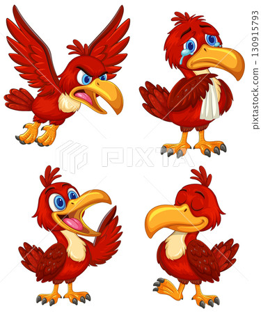 Red Cartoon Bird Expressing Four Different Emotions 130915793