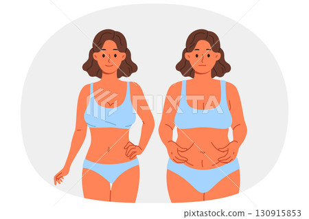 Thinner woman compares result before and after using new diet or joining fitness club 130915853