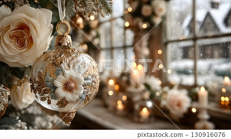Elegant Christmas ornament hangs from a festive tree branch with warm glowing lights and a snowy window background. 130916076