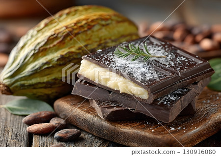 Cacao pod and stacked dark chocolate bars with creamy filling sprinkled with powder. 130916080