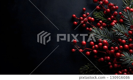 This dark Christmas background displays festive red berries and green pine branches. It creates a simple, elegant winter holiday theme. 130916086