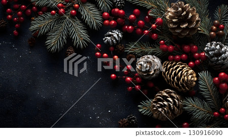 Christmas holiday background with festive pine branches, bright red berries, and natural pine cones artfully arranged on a dark surface. 130916090