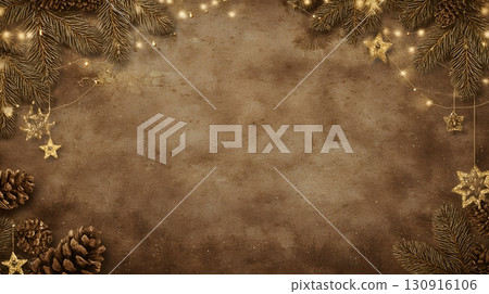 Warm Christmas background with festive pine branches, rustic pine cones, sparkling golden stars, and fairy lights for a cozy holiday feel. Warm Christmas background with festive pine branches, rustic pine cones, sparkling golden stars, and fairy lights for a cozy holiday feel. 130916106