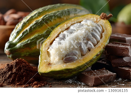 Fresh cacao pod revealed with seeds and chocolate pieces nearby. 130916135