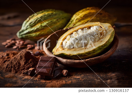 Fresh cacao pods and beans spill onto cocoa powder with chocolate pieces. 130916137