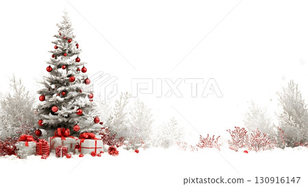 A festive snowy Christmas tree stands tall with red ornaments and presents, perfect for a winter holiday season background. 130916147