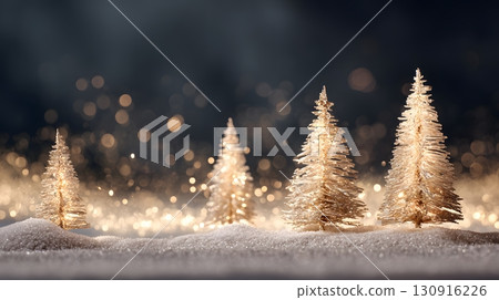Many small golden Christmas trees stand on white snow with warm sparkling lights for a festive holiday background. 130916226