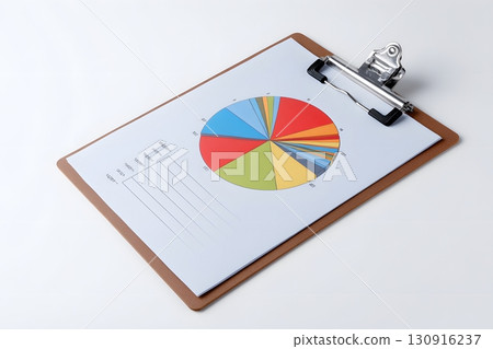 A colorful pie chart displays financial data on a clipboard, showing analysis. 130916237