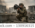 Soldier in camouflage with a rocket launcher against a backdrop of a war-torn city  130916315
