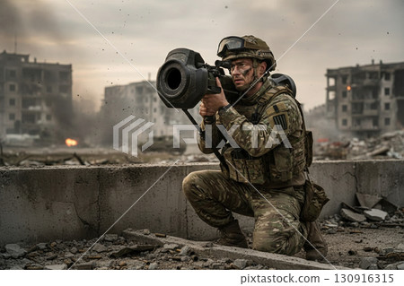 Soldier in camouflage with a rocket launcher against a backdrop of a war-torn city  130916315