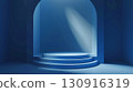 An abstract minimalist product display in a blue studio with a podium. 130916319