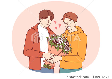 Gay man gives flowers to boyfriend during date and feels safe thanks to society tolerance for LGBT Gay man gives flowers to boyfriend during date and feels safe thanks to society tolerance for LGBT 130916375
