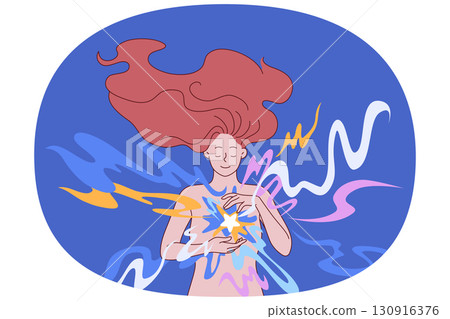 Esoteric energy inside smiling young woman, with glow in chest symbolizing pure soul. Esoteric energy inside smiling young woman, with glow in chest symbolizing pure soul. 130916376