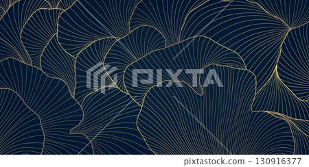 Elegant abstract vector background, golden floral pattern, botanical leaves, exotic jungle foliage, modern Art Deco style. Luxury wallpaper, vintage textile print, boho poster. 130916377
