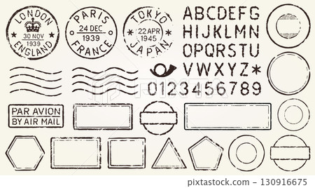 Retro Grunge Travel Postage Stamps Frames Shape Set With Letters. Black Text Postal Round And Square Empty Stamp Border Pack. Blank Post Stamp Template Grunge Ink Rubber Labels Collection. Vector 130916675