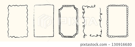 Whimsical chalk style hand drawn wavy frames and decorative borders with quirky brush lines. Concept of playful outline for modern poster, party menu, celebration design. Flat vector illustration. Whimsical chalk style hand drawn wavy frames and decorative borders with quirky brush lines. Concept of playful outline for modern poster, party menu, celebration design. Flat vector illustration. 130916680