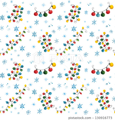 Seamless pattern of snowflakes and Christmas garlands. Hand drawn watercolor illustration. holiday, new year, christmas, lanterns, garland, snowflake, winter, lights 130916773
