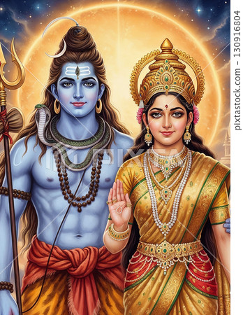 Lord Shiva and Goddess Parvati Blessing with Radiant Smiles, a Vibrant Digital Painting of Hindu Deities. 130916804