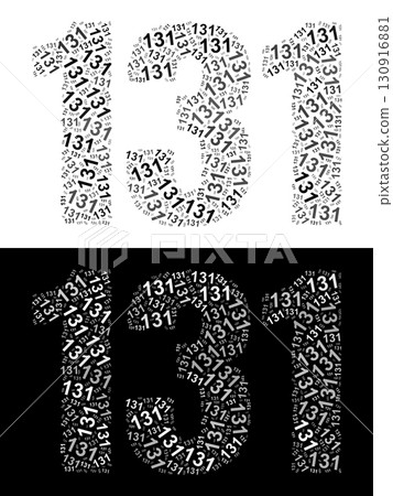Typography illustration of 131 made from repeating numbers in black and white 130916881