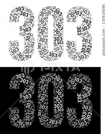 Typography illustration of 303 made from repeating numbers in black and white 130916896