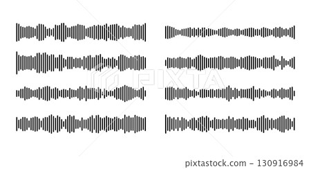 Podcast sound wave patterns with black vertical bars for audio visualization and recording interface. Digital frequency lines for music or voice display. Equalizer graphics for media player design. 130916984