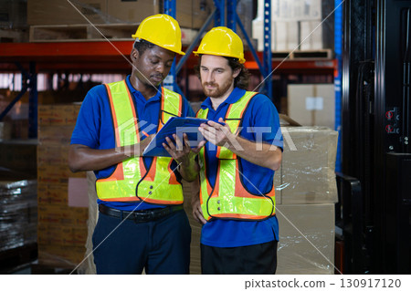 Two warehouse worker in yellow hard hat and safety vest discuss operational detail while examining document in an industrial setting. They focus intently on their task. 130917120