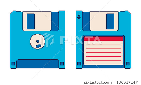 Pixel art blue floppy disks front and back view. Vector illustration set Pixel art blue floppy disks front and back view. Vector illustration set 130917147