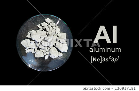 Aluminium powder in Chemical Watch Glass on black background with symbol, name and electron configuration on the side. Aluminium powder in Chemical Watch Glass on black background with symbol, name and electron configuration on the side. 130917181
