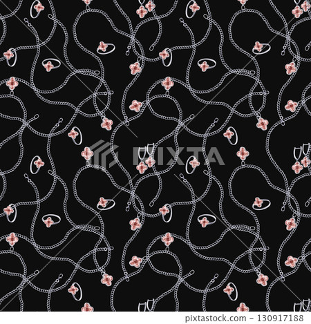 Seamless pattern with sultanite pendants, rings on a black background. Watercolor illustration is hand-drawn for packaging design, interior design, printing on fabric. 130917188