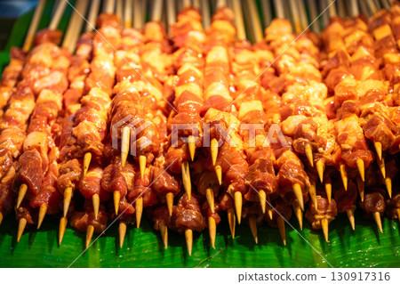 Delicious skewered meat displayed at a street market 130917316